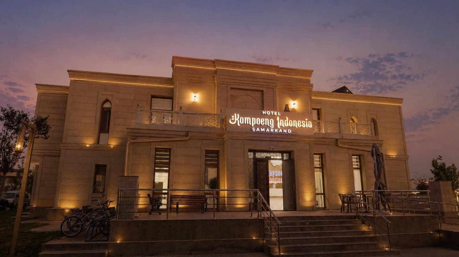 Hotel front at night